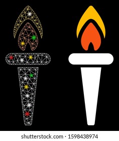 Flare mesh fire torch icon with glare effect. Abstract illuminated model of fire torch. Shiny wire frame polygonal network fire torch icon. Vector abstraction on a black background.