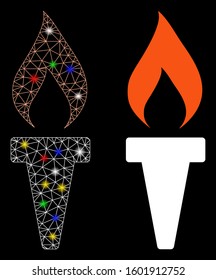 Flare mesh fire torch icon with glow effect. Abstract illuminated model of fire torch. Shiny wire carcass triangular mesh fire torch icon. Vector abstraction on a black background.