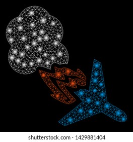 Flare mesh fired airplane with glow effect. Abstract illuminated model of fired airplane icon. Shiny wire carcass triangular mesh fired airplane. Vector abstraction on a black background.