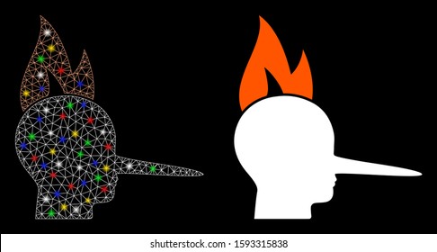 Flare mesh fired liar icon with sparkle effect. Abstract illuminated model of fired liar. Shiny wire carcass triangular mesh fired liar icon. Vector abstraction on a black background.