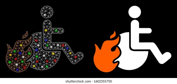 Flare mesh fired patient icon with glare effect. Abstract illuminated model of fired patient. Shiny wire frame polygonal mesh fired patient icon. Vector abstraction on a black background.