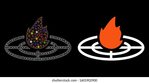 Flare mesh fired target icon with lightspot effect. Abstract illuminated model of fired target. Shiny wire frame triangular mesh fired target icon. Vector abstraction on a black background.