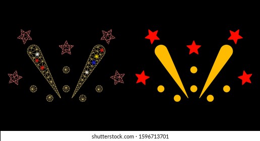 Flare mesh fireworks explosion icon with sparkle effect. Abstract illuminated model of fireworks explosion. Shiny wire carcass polygonal mesh fireworks explosion icon.