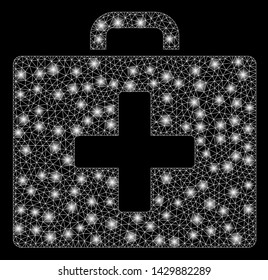 Flare mesh first aid bag with glitter effect. Abstract illuminated model of first aid bag icon. Shiny wire carcass polygonal network first aid bag. Vector abstraction on a black background.