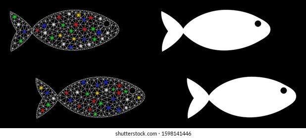 Flare mesh fish pair icon with sparkle effect. Abstract illuminated model of fish pair. Shiny wire frame polygonal mesh fish pair icon. Vector abstraction on a black background.