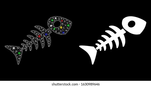Flare mesh fish skeleton icon with sparkle effect. Abstract illuminated model of fish skeleton. Shiny wire carcass polygonal network fish skeleton icon. Vector abstraction on a black background.