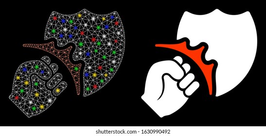 Flare mesh fist strike shield icon with sparkle effect. Abstract illuminated model of fist strike shield. Shiny wire carcass triangular mesh fist strike shield icon.