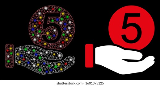 Flare mesh five cents payment icon with glare effect. Abstract illuminated model of five cents payment. Shiny wire frame triangular mesh five cents payment icon.