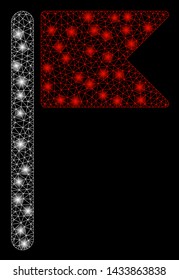 Flare mesh flag with lightspot effect. Abstract illuminated model of flag icon. Shiny wire carcass triangular mesh flag. Vector abstraction on a black background.