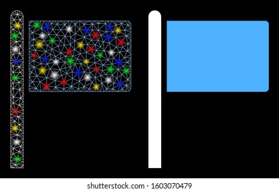 Flare mesh flag pointer icon with sparkle effect. Abstract illuminated model of flag pointer. Shiny wire carcass polygonal mesh flag pointer icon. Vector abstraction on a black background.