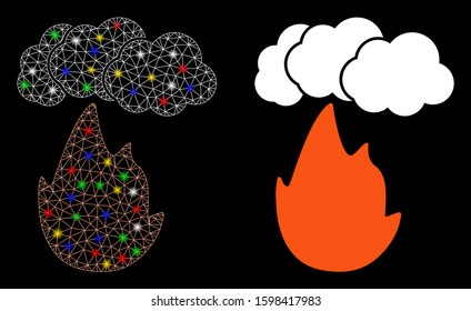Flare mesh flame with smoke icon with glow effect. Abstract illuminated model of flame with smoke. Shiny wire frame triangular mesh flame with smoke icon. Vector abstraction on a black background.