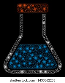 Flare mesh flask with glitter effect. Abstract illuminated model of flask icon. Shiny wire frame triangular network flask. Vector abstraction on a black background.