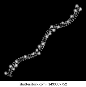 Flare mesh flexible pipe with glow effect. Abstract illuminated model of flexible pipe icon. Shiny wire carcass polygonal mesh flexible pipe. Vector abstraction on a black background.