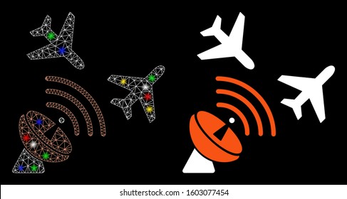 Flare mesh flight radar icon with sparkle effect. Abstract illuminated model of flight radar. Shiny wire frame triangular mesh flight radar icon. Vector abstraction on a black background.