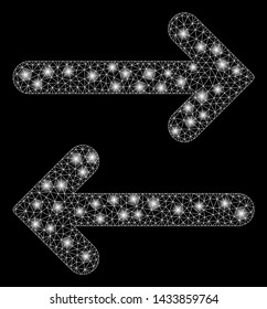 Flare mesh flip horizontal with glitter effect. Abstract illuminated model of flip horizontal icon. Shiny wire carcass polygonal mesh flip horizontal. Vector abstraction on a black background.