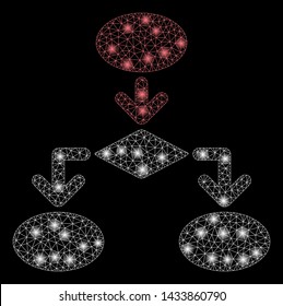 Flare mesh flowchart with lightspot effect. Abstract illuminated model of flowchart icon. Shiny wire carcass triangular mesh flowchart. Vector abstraction on a black background.
