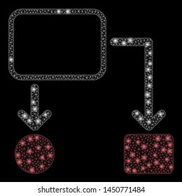 Flare mesh flowchart scheme with glitter effect. Abstract illuminated model of flowchart scheme icon. Shiny wire carcass triangular network flowchart scheme. Vector abstraction on a black background.