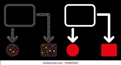 Flare mesh flowchart scheme icon with glitter effect. Abstract illuminated model of flowchart scheme. Shiny wire carcass polygonal mesh flowchart scheme icon. Vector abstraction on a black background.