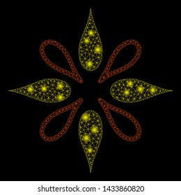 Flare mesh flower with glare effect. Abstract illuminated model of flower icon. Shiny wire carcass polygonal mesh flower. Vector abstraction on a black background.