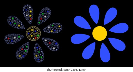 Flare mesh flower icon with glow effect. Abstract illuminated model of flower. Shiny wire carcass polygonal mesh flower icon. Vector abstraction on a black background.