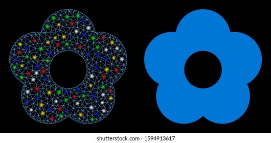 Flare mesh flower icon with lightspot effect. Abstract illuminated model of flower. Shiny wire frame polygonal mesh flower icon. Vector abstraction on a black background.