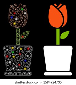 Flare mesh flower pot icon with glare effect. Abstract illuminated model of flower pot. Shiny wire carcass triangular mesh flower pot icon. Vector abstraction on a black background.
