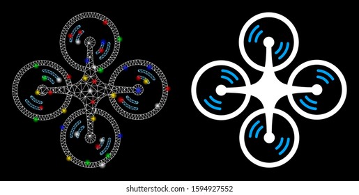 Flare mesh flying quadcopter icon with glare effect. Abstract illuminated model of flying quadcopter. Shiny wire frame triangular mesh flying quadcopter icon. Vector abstraction on a black background.