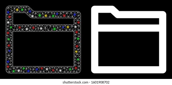 Flare mesh folder icon with glow effect. Abstract illuminated model of folder. Shiny wire frame triangular mesh folder icon. Vector abstraction on a black background.