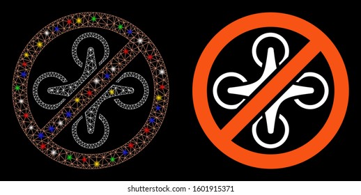 Flare mesh forbidden copter icon with lightspot effect. Abstract illuminated model of forbidden copter. Shiny wire frame polygonal mesh forbidden copter icon. Vector abstraction on a black background.