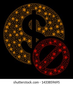 Flare mesh forbidden dollar with glitter effect. Abstract illuminated model of forbidden dollar icon. Shiny wire frame polygonal mesh forbidden dollar. Vector abstraction on a black background.