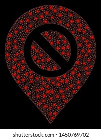 Flare mesh forbidden marker with sparkle effect. Abstract illuminated model of forbidden marker icon. Shiny wire carcass triangular mesh forbidden marker. Vector abstraction on a black background.