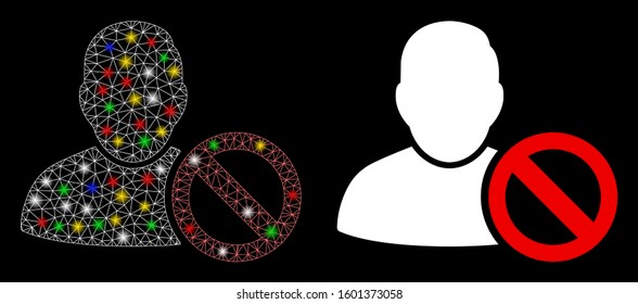 Flare mesh forbidden user icon with lightspot effect. Abstract illuminated model of forbidden user. Shiny wire carcass polygonal mesh forbidden user icon. Vector abstraction on a black background.