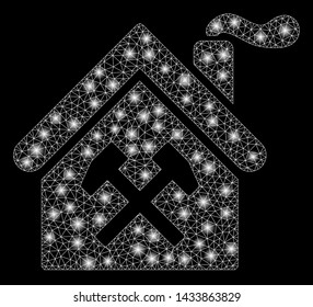 Flare mesh forge building with lightspot effect. Abstract illuminated model of forge building icon. Shiny wire frame triangular mesh forge building. Vector abstraction on a black background.