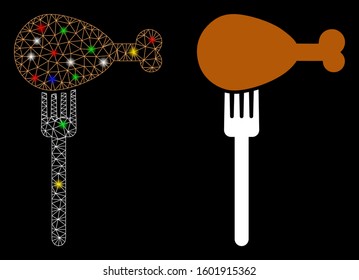 Flare mesh fork icon with glitter effect. Abstract illuminated model of fork. Shiny wire carcass polygonal mesh fork icon. Vector abstraction on a black background.