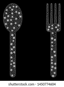 Flare mesh fork and spoon with glow effect. Abstract illuminated model of fork and spoon icon. Shiny wire frame polygonal mesh fork and spoon. Vector abstraction on a black background.