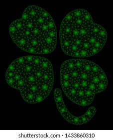Flare mesh four-leafed clover with glitter effect. Abstract illuminated model of four-leafed clover icon. Shiny wire carcass triangular network four-leafed clover.