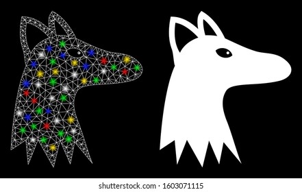 Flare mesh fox head icon with glitter effect. Abstract illuminated model of fox head. Shiny wire frame polygonal mesh fox head icon. Vector abstraction on a black background.