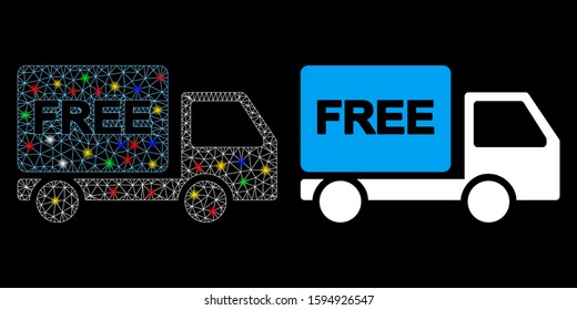 Flare mesh free delivery car icon with glare effect. Abstract illuminated model of free delivery car. Shiny wire carcass polygonal mesh free delivery car icon.