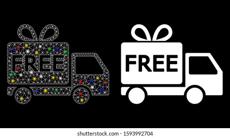 Flare mesh free delivery icon with lightspot effect. Abstract illuminated model of free delivery. Shiny wire frame triangular mesh free delivery icon. Vector abstraction on a black background.
