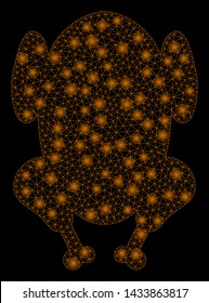 Flare mesh fried chicken with glow effect. Abstract illuminated model of fried chicken icon. Shiny wire carcass triangular mesh fried chicken. Vector abstraction on a black background.