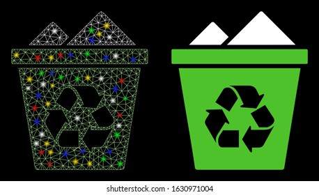 Flare mesh full recycle bin icon with sparkle effect. Abstract illuminated model of full recycle bin. Shiny wire carcass triangular mesh full recycle bin icon.