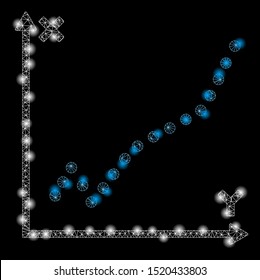 Flare mesh function plot with glare effect. Abstract illuminated model of function plot icon. Shiny wire frame triangular mesh function plot. Vector abstraction on a black background.