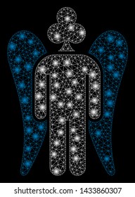 Flare mesh gambling angel with glare effect. Abstract illuminated model of gambling angel icon. Shiny wire frame triangular network gambling angel. Vector abstraction on a black background.