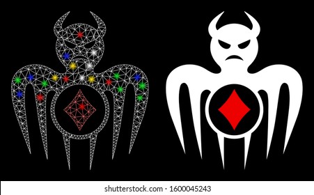 Flare mesh gambling spectre devil icon with glitter effect. Abstract illuminated model of gambling spectre devil. Shiny wire carcass triangular mesh gambling spectre devil icon.