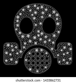 Flare mesh gas mask with glow effect. Abstract illuminated model of gas mask icon. Shiny wire frame triangular mesh gas mask. Vector abstraction on a black background.
