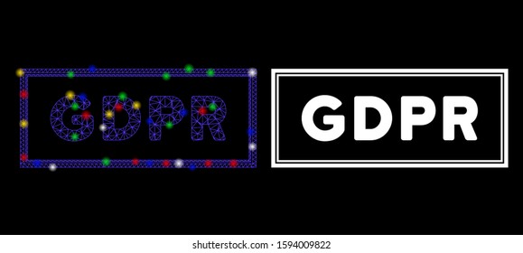 Flare mesh GDPR rectangle icon with glare effect. Abstract illuminated model of GDPR rectangle. Shiny wire carcass polygonal mesh GDPR rectangle icon. Vector abstraction on a black background.