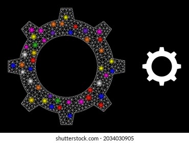 Flare mesh gear constellation icon with light spots. Illuminated vector constellation based on gear icon. Sparkle frame polygonal gear on a black background. Linear carcass 2D mesh in vector format.