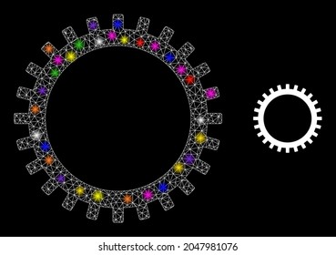 Flare mesh gear constellation icon with light spots. Illuminated vector constellation based on gear glyph. Sparkle frame polygonal gear on a black background. Wire frame 2D mesh in vector format.