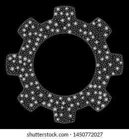 Flare mesh gear with glare effect. Abstract illuminated model of gear icon. Shiny wire carcass triangular mesh gear. Vector abstraction on a black background.
