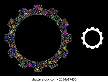 Flare mesh gear glare icon with light spots. Illuminated vector model based on gear pictogram. Sparkle carcass polygonal gear on a black background. Wire carcass 2D mesh in vector format.